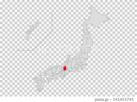 A gray map illustration of Japan with Shiga Prefecture highlighted in red. 141453743