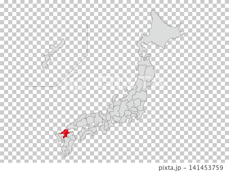 A gray map illustration of Japan with Fukuoka Prefecture highlighted in red. A gray map illustration of Japan with Fukuoka Prefecture highlighted in red. 141453759