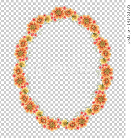 French marigold oval wreath watercolor illustration. Hand drawn Tagetes patula with copy space in vibrant botanical style. Floral colorful template for greeting card. Autumn invitation ellipse design. 141453935
