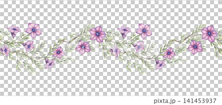 Violet flowers seamless border watercolor illustration. Hand drawn Petunia integrifolia with green leaves in botanical style. Floral design for rustic invitation card. Natural repeat summer template. Violet flowers seamless border watercolor illustration. Hand drawn Petunia integrifolia with green leaves in botanical style. Floral design for rustic invitation card. Natural repeat summer template. 141453937