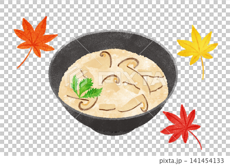 Watercolor illustration of maple leaves and matsutake mushroom rice Watercolor illustration of maple leaves and matsutake mushroom rice 141454133