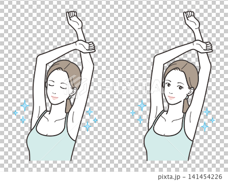A set of two illustrations of a woman with both arms raised, showing her armpits (armpit hair removal, armpit care, antiperspirant, stretching, eyes closed, eyes open). A set of two illustrations of a woman with both arms raised, showing her armpits (armpit hair removal, armpit care, antiperspirant, stretching, eyes closed, eyes open). 141454226