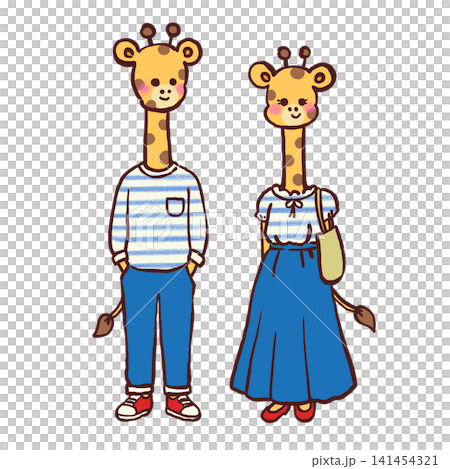 一對穿著休閒服的長頸鹿夫婦的插圖。 一對穿著休閒服的長頸鹿夫婦的插圖。 141454321