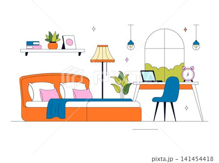 Bedroom Vector Illustration Featuring Modern Interior Design, Cozy Sleeping Space, Home Furniture, Comfortable Living, and Minimalist Room Bedroom Vector Illustration Featuring Modern Interior Design, Cozy Sleeping Space, Home Furniture, Comfortable Living, and Minimalist Room 141454418