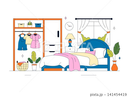 Bedroom Vector Illustration Featuring Modern Interior Design, Cozy Sleeping Space, Home Furniture, Comfortable Living, and Minimalist Room 141454419