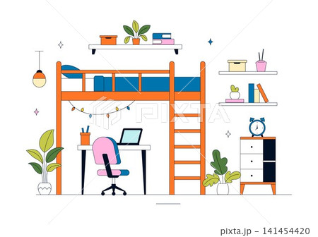 Bedroom Vector Illustration Featuring Modern Interior Design, Cozy Sleeping Space, Home Furniture, Comfortable Living, and Minimalist Room Bedroom Vector Illustration Featuring Modern Interior Design, Cozy Sleeping Space, Home Furniture, Comfortable Living, and Minimalist Room 141454420