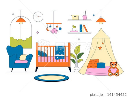 Bedroom Vector Illustration Featuring Modern Interior Design, Cozy Sleeping Space, Home Furniture, Comfortable Living, and Minimalist Room 141454422