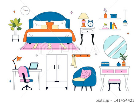 Bedroom Vector Illustration Featuring Modern Interior Design, Cozy Sleeping Space, Home Furniture, Comfortable Living, and Minimalist Room 141454423
