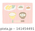 卵焼きと納豆のシンプルな和食朝ごはんとランチョンマットの手描きイラスト 141454491