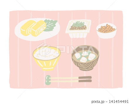 卵焼きと納豆のシンプルな和食朝ごはんとランチョンマットの手描きイラスト 卵焼きと納豆のシンプルな和食朝ごはんとランチョンマットの手描きイラスト 141454491