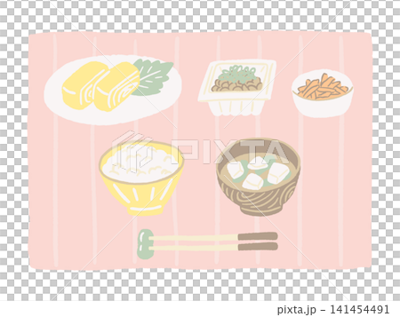 卵焼きと納豆のシンプルな和食朝ごはんとランチョンマットの手描きイラスト 卵焼きと納豆のシンプルな和食朝ごはんとランチョンマットの手描きイラスト 141454491