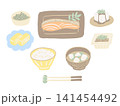焼き鮭や納豆など和食の食べ物素材セットの手描きイラスト 141454492