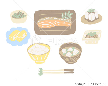 焼き鮭や納豆など和食の食べ物素材セットの手描きイラスト 141454492
