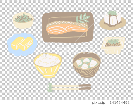焼き鮭や納豆など和食の食べ物素材セットの手描きイラスト 141454492