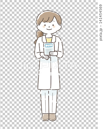藥劑師手持藥袋的全身插圖(手繪風格)。 藥劑師手持藥袋的全身插圖(手繪風格)。 141454569