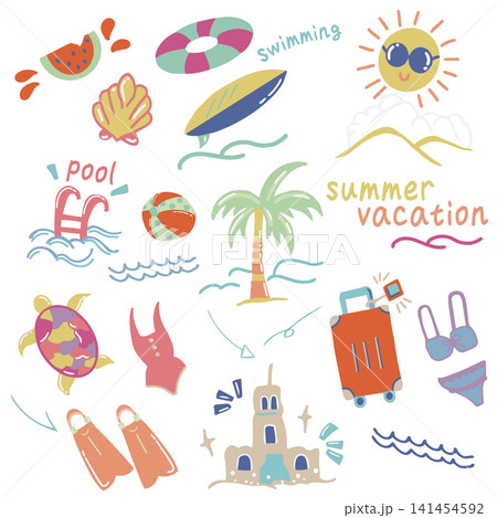 夏、夏セット、海セット、プール、旅、手書き、手書きイラスト、旅行セット 141454592