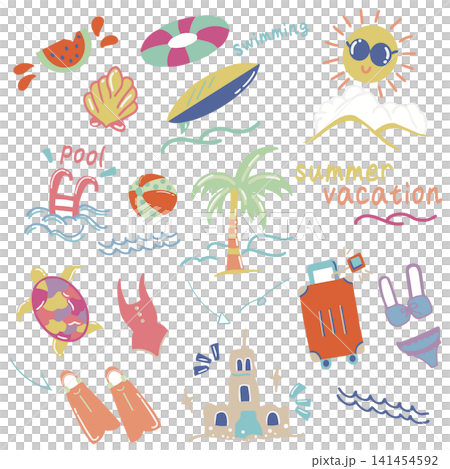 夏、夏セット、海セット、プール、旅、手書き、手書きイラスト、旅行セット 141454592