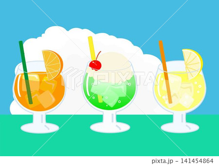夏空をバックにしたレトロなグラスに入ったオレンジジュースやクリームソーダの背景付きベクターイラスト 141454864