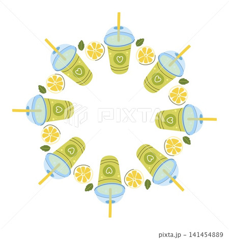 Matcha green tea smoothie frame round circle border with lemon slices and mint leaves on white 141454889