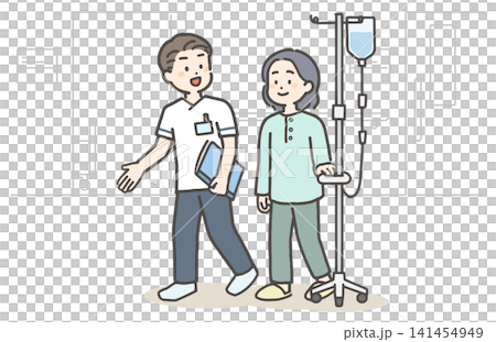 A female patient and a male medical worker walk through the hospital carrying an IV drip. A female patient and a male medical worker walk through the hospital carrying an IV drip. 141454949