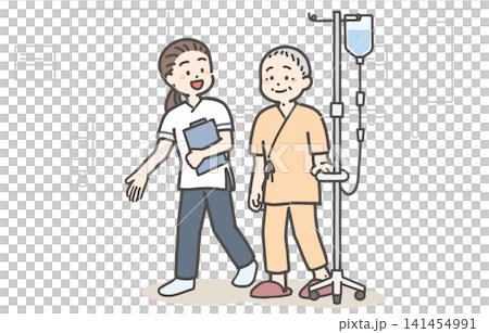 A senior male patient walking through the hospital with an IV drip, and a female healthcare worker. A senior male patient walking through the hospital with an IV drip, and a female healthcare worker. 141454991
