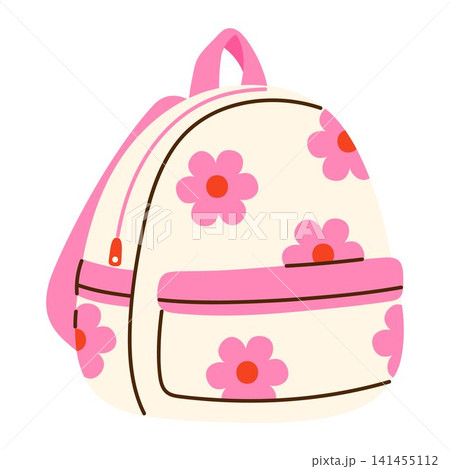 Cute floral school backpack. Colorful kids backpack with flower pattern. Perfect for back to school, education, kindergarten, preschool, and children's projects. Isolated vector illustration Cute floral school backpack. Colorful kids backpack with flower pattern. Perfect for back to school, education, kindergarten, preschool, and children's projects. Isolated vector illustration 141455112