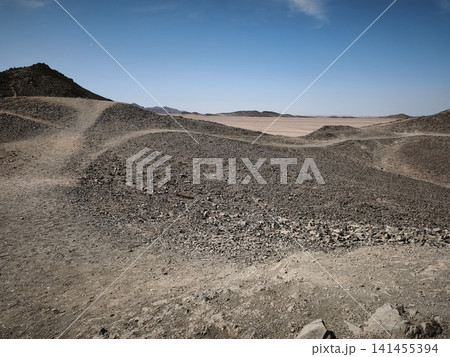 Vast Egyptian desert panorama with rolling sand dunes, rugged rocky terrain, and a clear blue sky, showcasing the dramatic beauty and serene emptiness of the arid landscape under bright sunlight. Vast Egyptian desert panorama with rolling sand dunes, rugged rocky terrain, and a clear blue sky, showcasing the dramatic beauty and serene emptiness of the arid landscape under bright sunlight. 141455394
