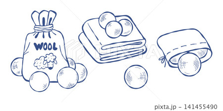 Eco Laundry Set. Wool Dryer Spheres. Sustainable Laundry Care, Folded Towels and Eco-Friendly Packaging featuring Sheep. Isolated Outline Blue Hand-Drawn Doodle Vector Illustration. Home Washing 141455490