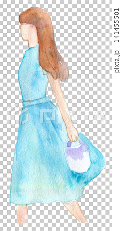 水彩插畫，手繪插畫，一位外出的女士肖像。 141455501