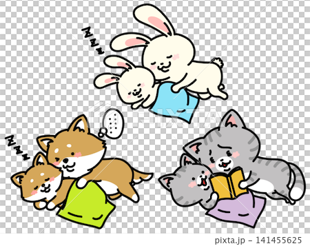 Common bedtime scenarios illustrated: falling asleep, pretending to sleep, reading aloud 141455625
