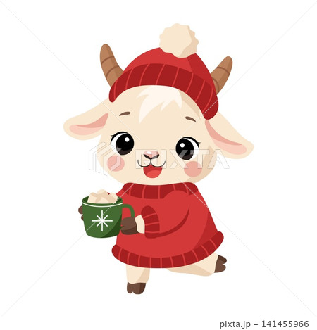 Cute cartoon baby goat with horns holding a mug of cocoa for winter holiday 141455966