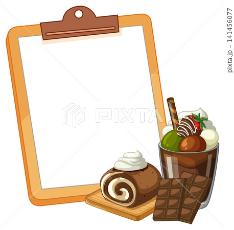 Blank Clipboard with Chocolate Swiss Roll and Sundae Dessert Illustration Blank Clipboard with Chocolate Swiss Roll and Sundae Dessert Illustration 141456077