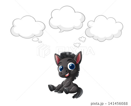 Cartoon Black Horse Sitting with Three Empty Thought Bubbles Cartoon Black Horse Sitting with Three Empty Thought Bubbles 141456088
