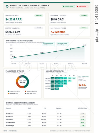 Business Performance Dashboard with Financial Metrics and Growth Trajectory Charts 141456089
