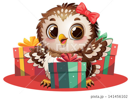 Cute Cartoon Owl with Red Bow and Colorful Gift Boxes Cute Cartoon Owl with Red Bow and Colorful Gift Boxes 141456102
