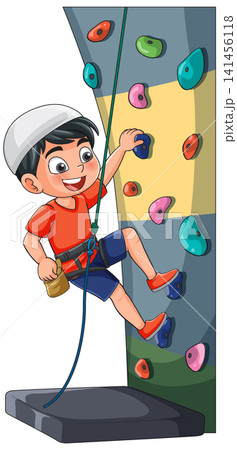Young Boy Climbing Indoor Rock Wall with Safety Gear 141456118