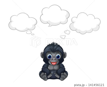 Cartoon Baby Gorilla Sitting with Empty Thought Bubbles Vector Illustration 141456121