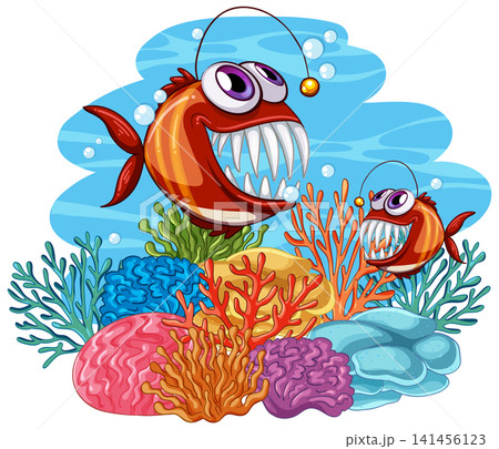 Cartoon Anglerfish Swimming Over Colorful Coral Reef Vector Illustration Cartoon Anglerfish Swimming Over Colorful Coral Reef Vector Illustration 141456123