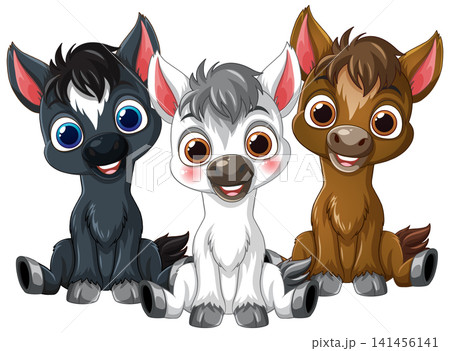 Three Cute Cartoon Foals Sitting Together on White Background Three Cute Cartoon Foals Sitting Together on White Background 141456141
