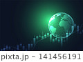 Global financial trading concept with glowing digital earth globe and rising stock market candlestick chart on dark background 141456191