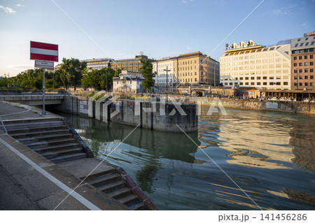 Vienna, Austria - June 13, 2023: Embankment the Danube Canal in Vienna Vienna, Austria - June 13, 2023: Embankment the Danube Canal in Vienna 141456286