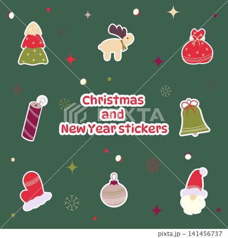 set of New Year and Christmas doodle stickers set of New Year and Christmas doodle stickers 141456737