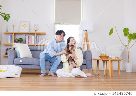 ファミリー 犬のいる暮らし 夫婦と愛犬のポートレート ファミリー 犬のいる暮らし 夫婦と愛犬のポートレート 141456746