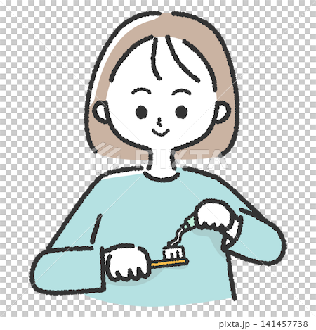 一幅簡單的插圖,描繪了一位女士在牙刷上擠牙膏的情景。 一幅簡單的插圖,描繪了一位女士在牙刷上擠牙膏的情景。 141457738