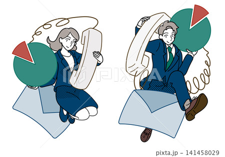 電話とメールと円グラフを扱うビジネス男女のイラスト 141458029