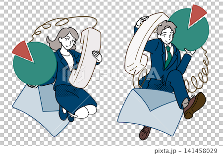 電話とメールと円グラフを扱うビジネス男女のイラスト 141458029
