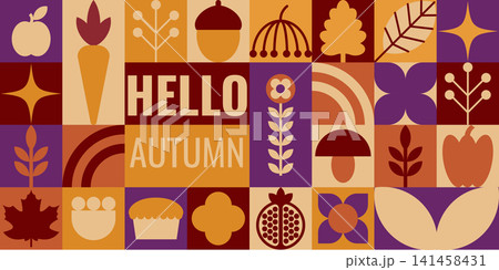 Hello Autumn Horizontal Geometric Grid Banner with Fall Icons 141458431