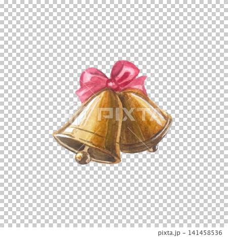 Golden Christmas bells with red ribbon bow. Isolated hand drawn watercolor illustration of traditional holiday jingle bell element for festive winter celebration greeting card design Golden Christmas bells with red ribbon bow. Isolated hand drawn watercolor illustration of traditional holiday jingle bell element for festive winter celebration greeting card design 141458536