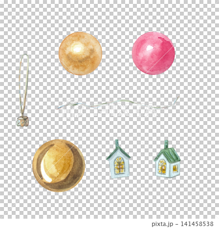 Watercolor Christmas bauble and miniature house toy set. Isolated hand drawn festive ornament element collection for New Year design. Realistic detailed golden and pink holiday decoration Watercolor Christmas bauble and miniature house toy set. Isolated hand drawn festive ornament element collection for New Year design. Realistic detailed golden and pink holiday decoration 141458538