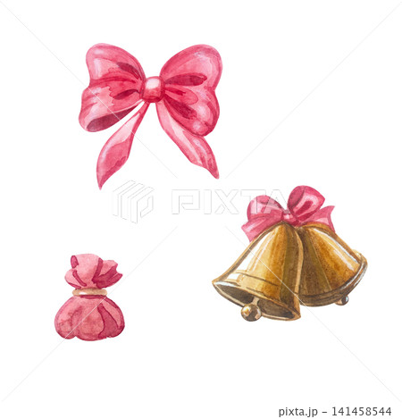 Watercolor pink bow, golden bell and holiday gift pouch set. Isolated hand drawn festive ornament element collection for Christmas and New Year design. Realistic detailed drawing Watercolor pink bow, golden bell and holiday gift pouch set. Isolated hand drawn festive ornament element collection for Christmas and New Year design. Realistic detailed drawing 141458544